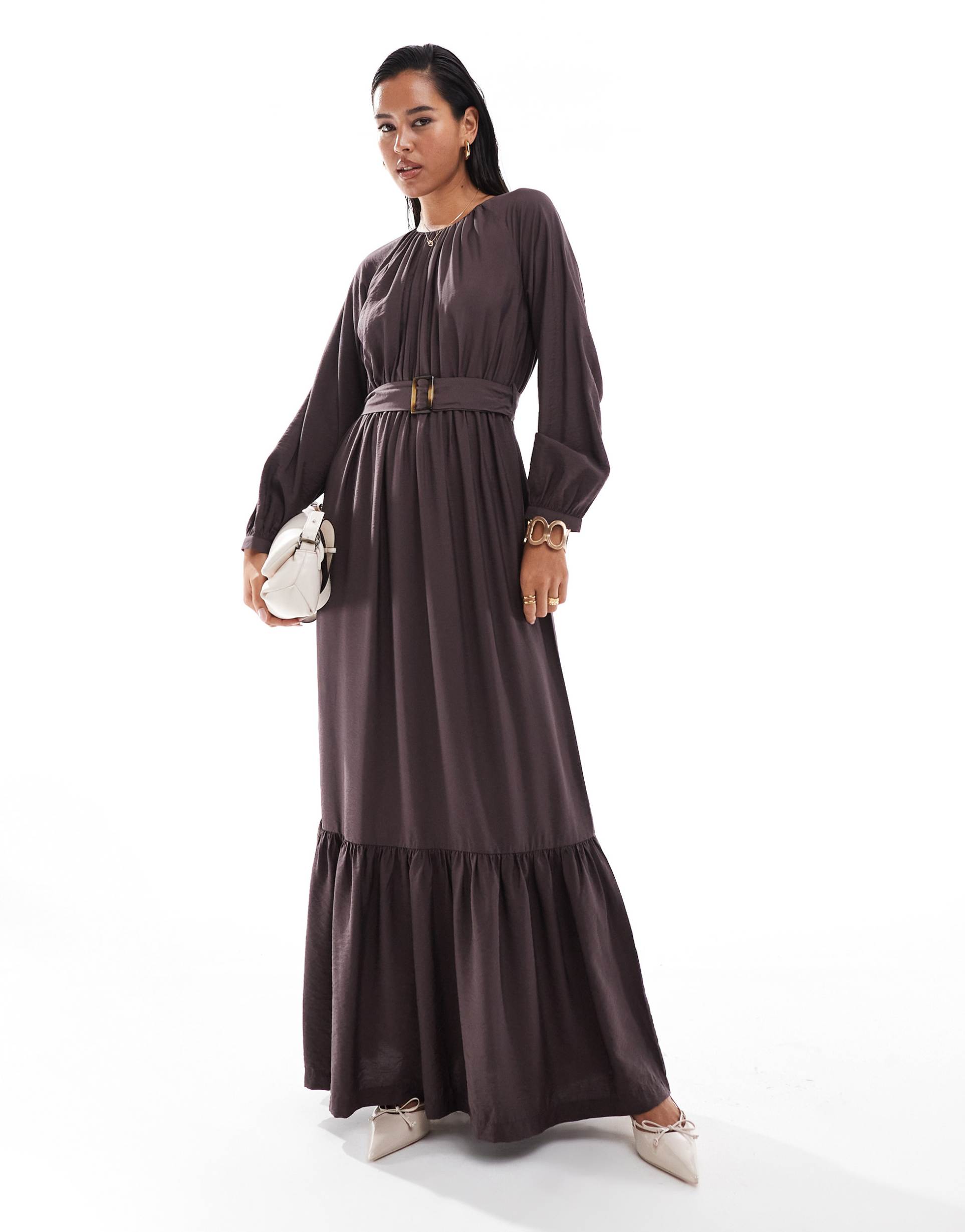 closet london tiered smock maxi dress in chocolate