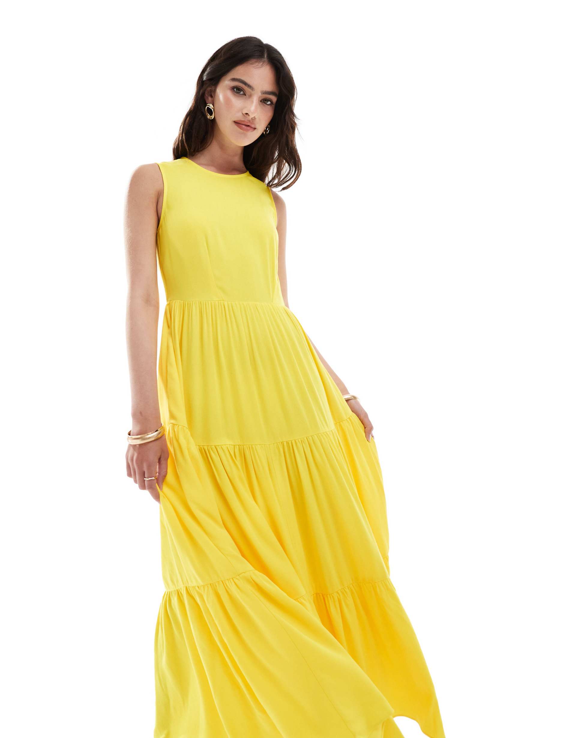 closet london tiered smock midaxi dress in yellow