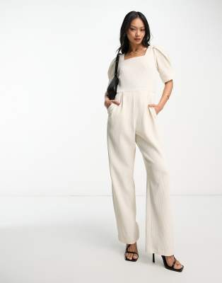 Closet London - Tuta Jumpsuit Color Crema Con Scollo Squadrato-Bianco