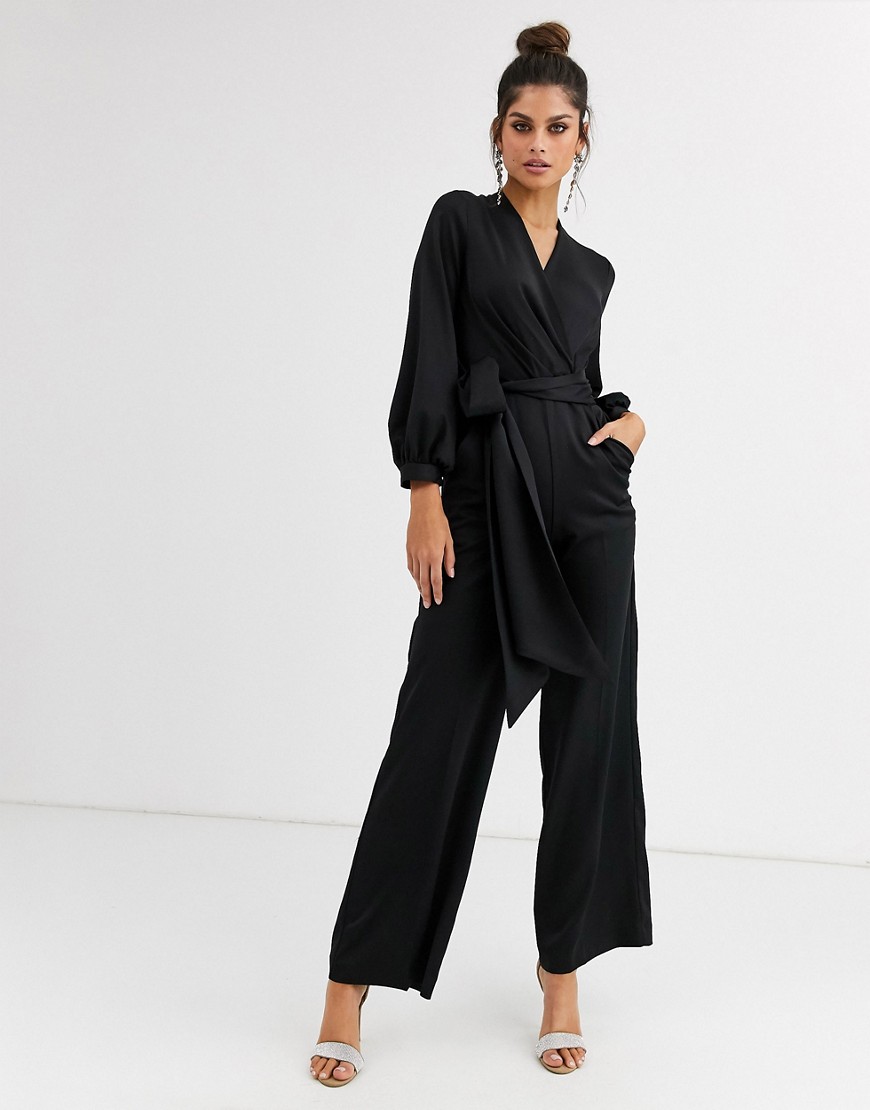 Closet London - Tuta jumpsuit in raso nera a portafoglio con allacciatura-Nero