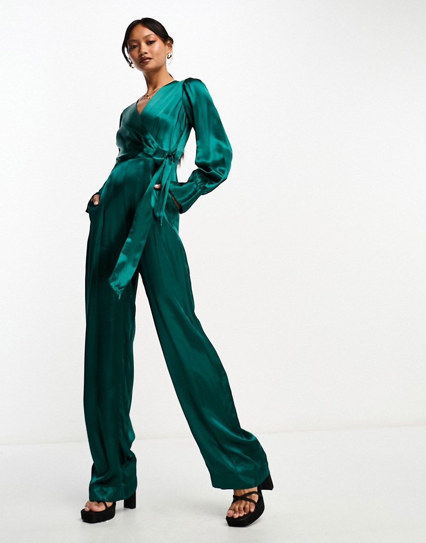 closet london - tuta jumpsuit verde smeraldo in raso a portafoglio e a fondo ampio