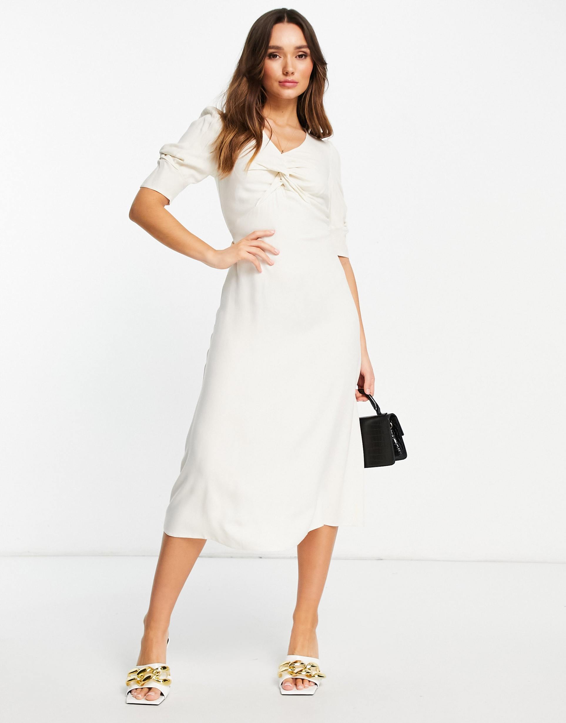 closet london twist front puff sleeve midi dress in cream