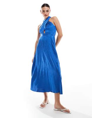 Closet London Twist Front Satin Midi Dress In Cobalt-blue