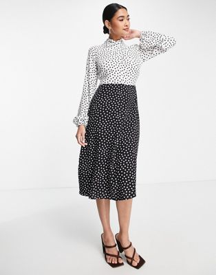 Closet London twist neck a -line dress with contrast skirt in white polka