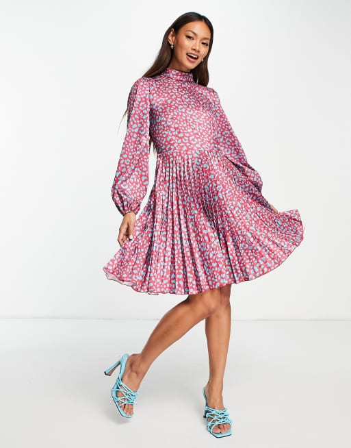 Closet London - Vestito corto accollato a pieghe a pois animalier blu