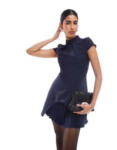Closet London - Vestito corto con gonna a pieghe e maniche ad aletta blu navy - view 1