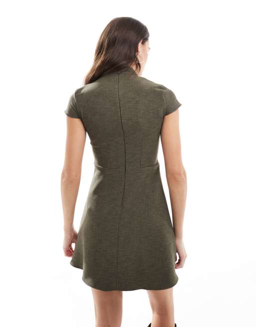 Closet London - Vestito corto con gonna a pieghe e maniche ad aletta kaki, 2 di 4