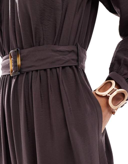 Closet London - Vestito grembiule lungo a balze color cioccolato, 2 di 4