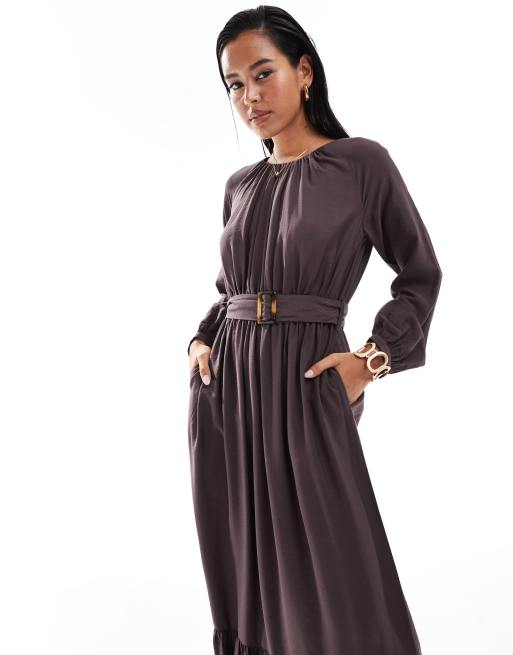 Closet London - Vestito grembiule lungo a balze color cioccolato, 3 di 4