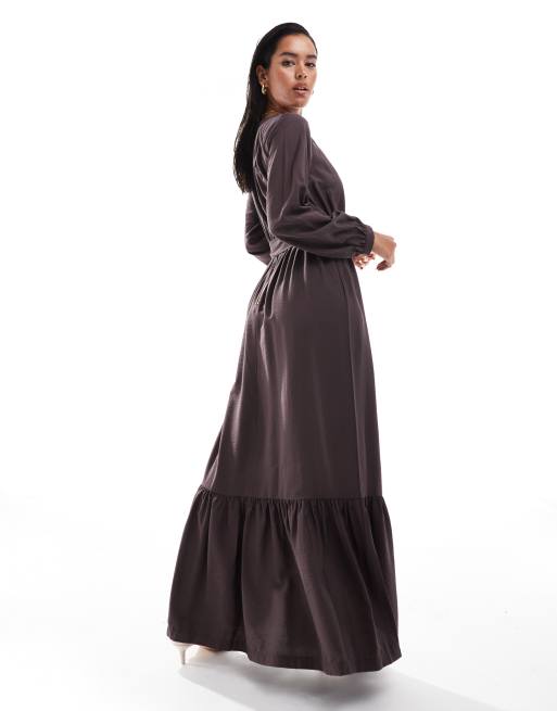 Closet London - Vestito grembiule lungo a balze color cioccolato, 4 di 4
