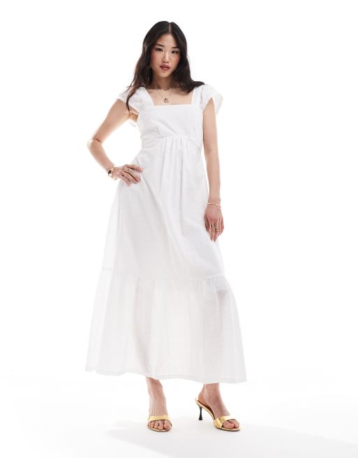  Closet London - Vestito lungo a balze in cotone color avorio con maniche ad aletta