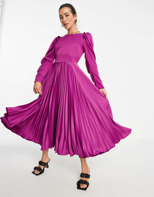 Closet London - Vestito midi a pieghe con maniche a palloncino color mora