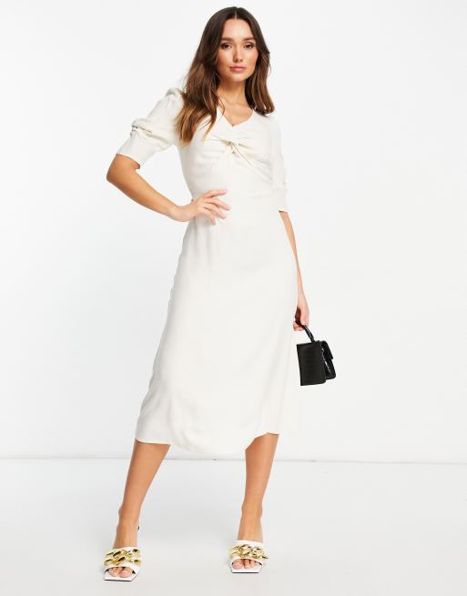 Closet London - Vestito midi color crema con nodo frontale e maniche a sbuffo