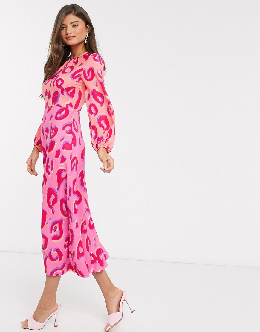 Closet London - Vestito raccolto con gonna al polpaccio e stampa leopardata a contrasto-Rosa