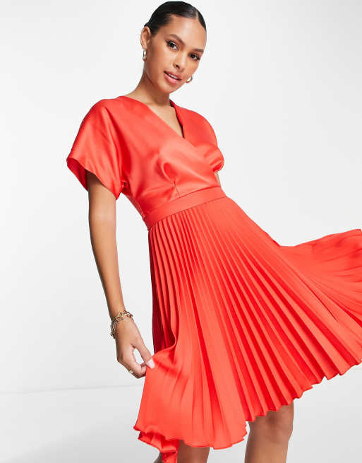Closet London - Vestito skater midi a pieghe con davanti a portafoglio rosso