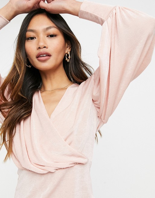 Closet London wrap blouse top with volume sleeve in blush pink