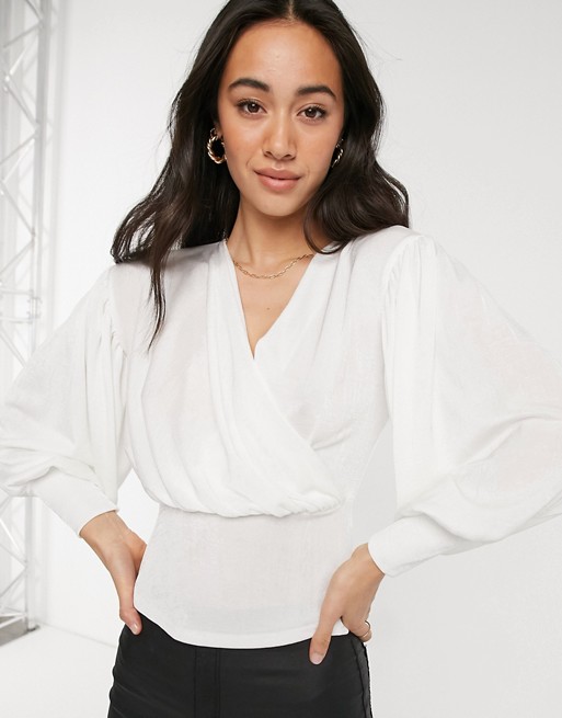 Closet London wrap blouse top with volume sleeve in ivory