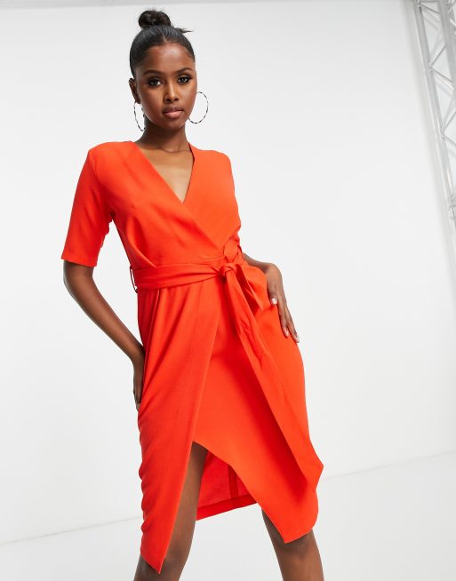 Closet London wrap front midi dress in blood orange | ASOS