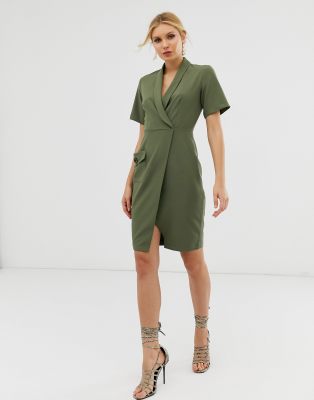 button front pocket detail midi dress