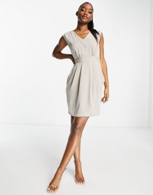 Closet London wrap front midi dress with pockets in light grey