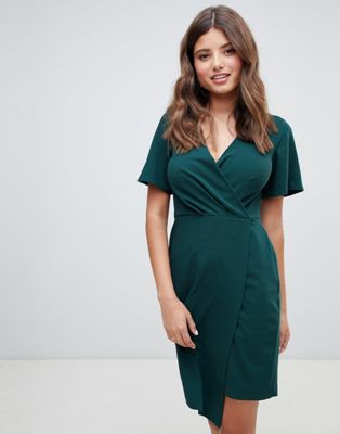 Closet London wrap front mini shift dress in emerald green | ASOS
