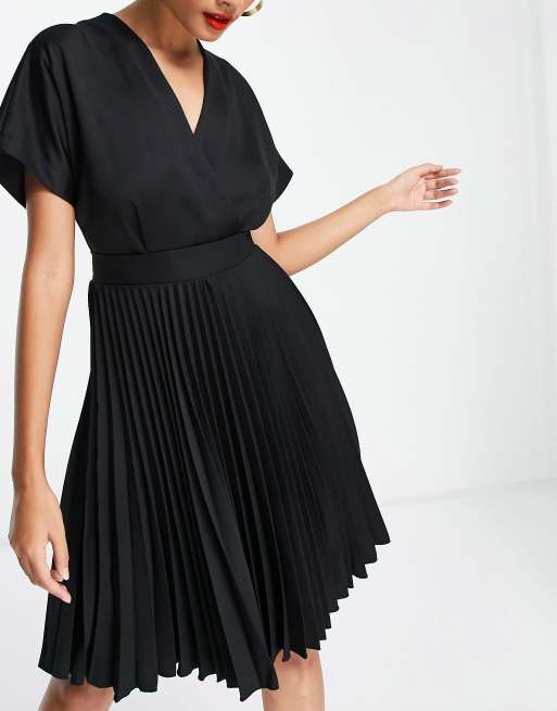 Closet London wrap front pleated midi skater dress in black