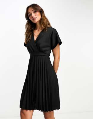 Closet London Wrap Front Pleated Midi Skater Dress In Black