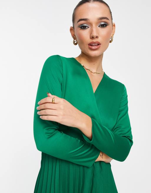 Closet London wrap front pleated midi skater dress in emerald