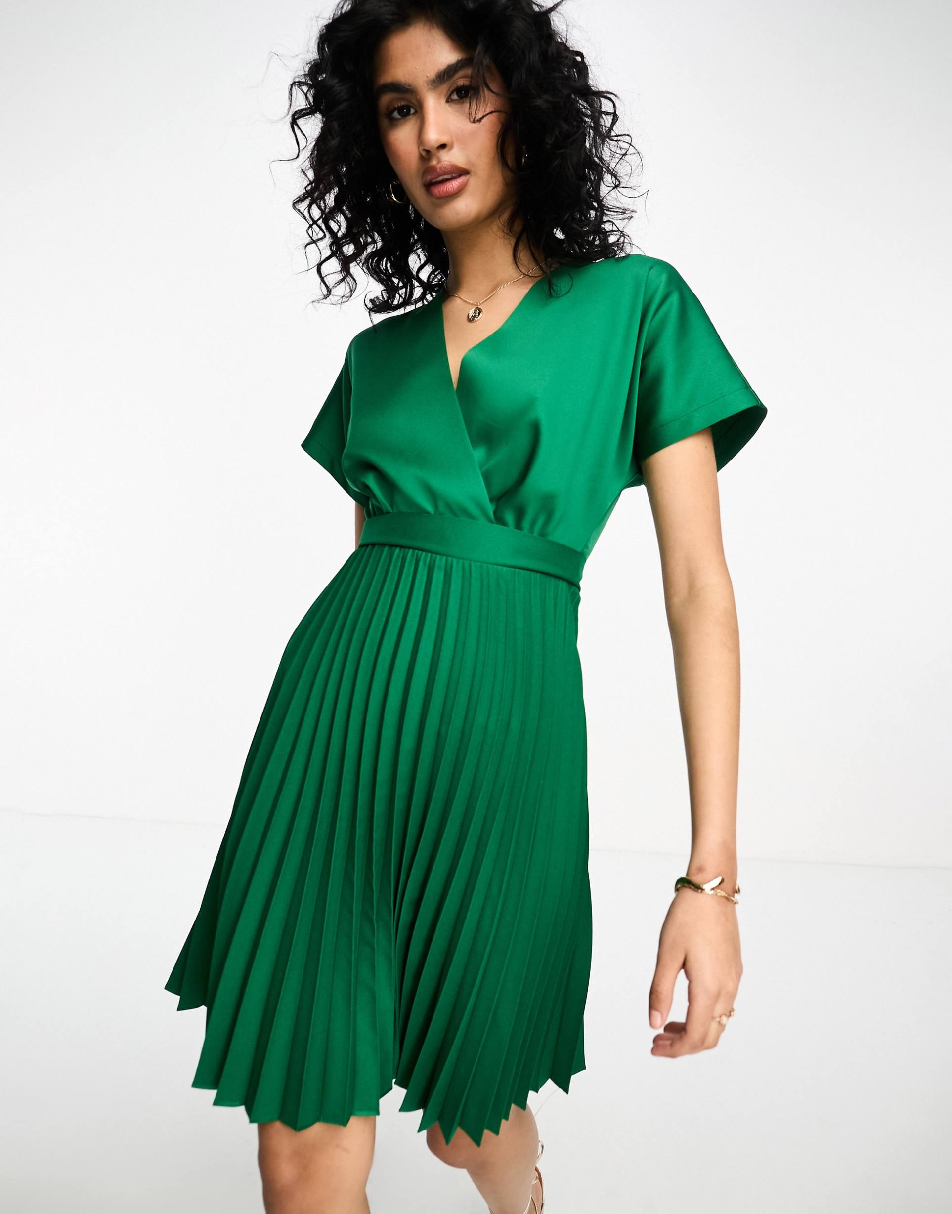 closet london wrap front pleated midi skater dress in emerald