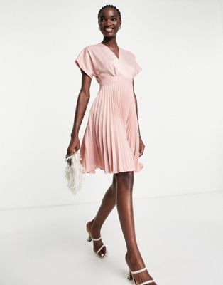 wrap front pleated midi skater dress in mink-Pink