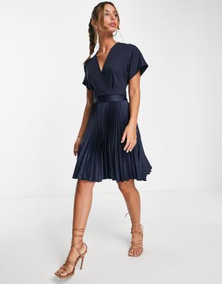 wrap front pleated midi skater dress in navy