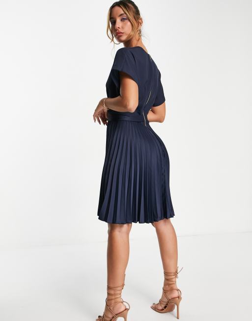 closet london wrap front pleated midi skater dress Closet London Petite Wrap Front Pleated Midi Skater Dress in Blue