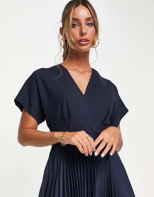 Closet London Navy Long Sleeve Pleated Midi Dress