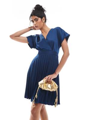 wrap front pleated midi skater dress in navy