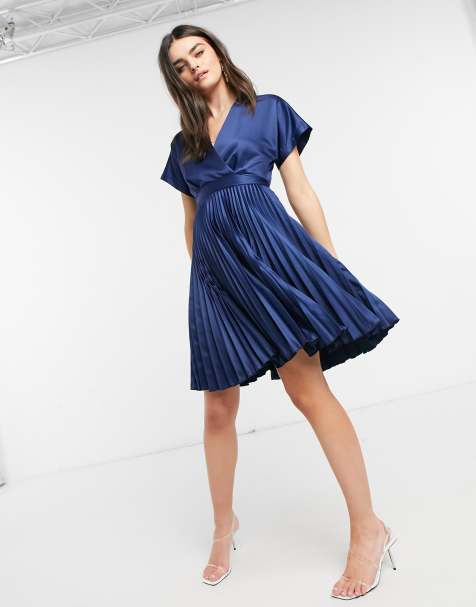 Closet London wrap front pleated midi skater dress in navy - view 1