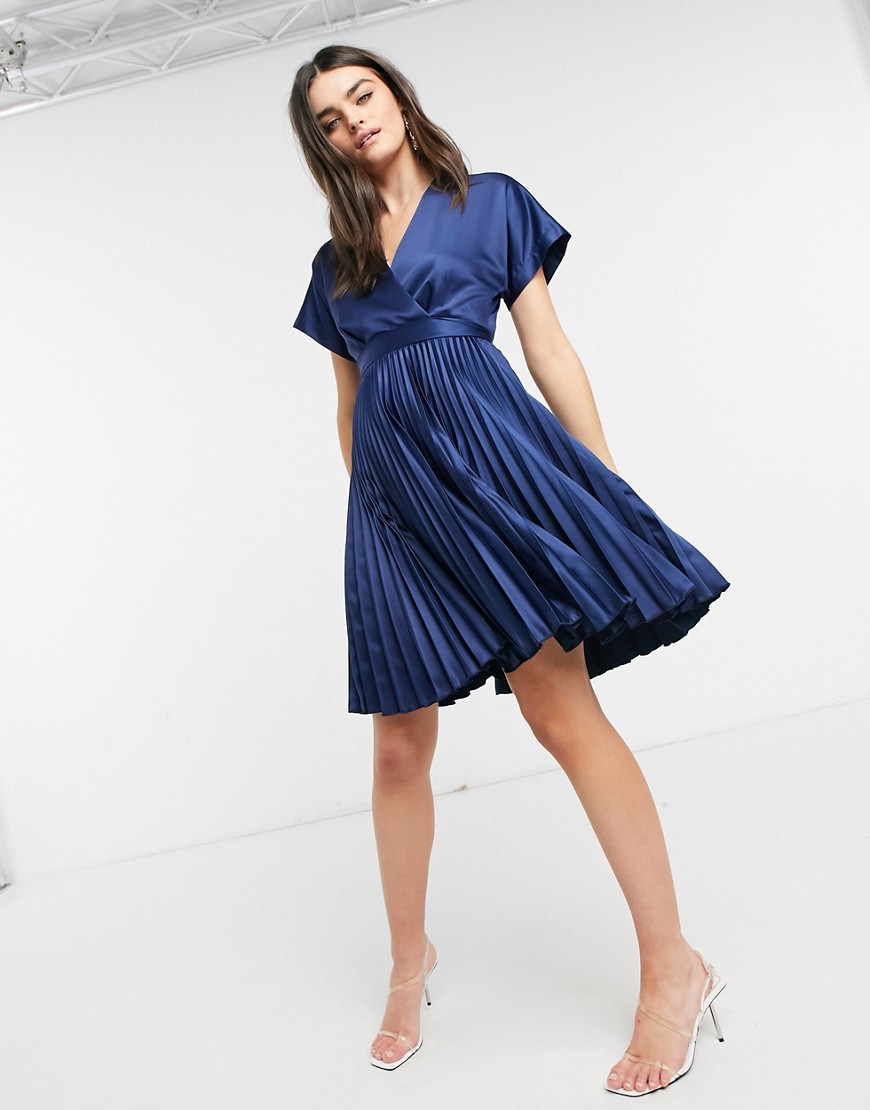 Closet London wrap front pleated midi skater dress in navy