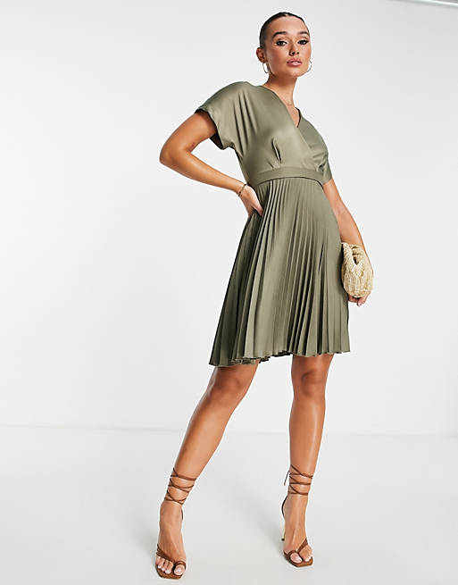 Closet London wrap front pleated midi skater dress in olive