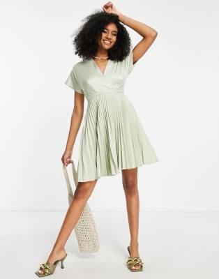 wrap front pleated midi skater dress in sage-Green