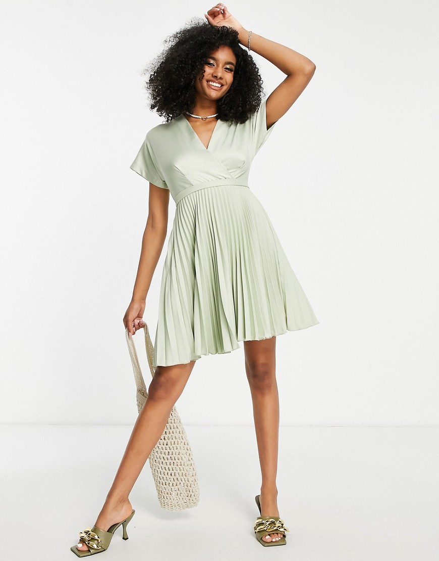 Closet London wrap front pleated midi skater dress in sage-Green