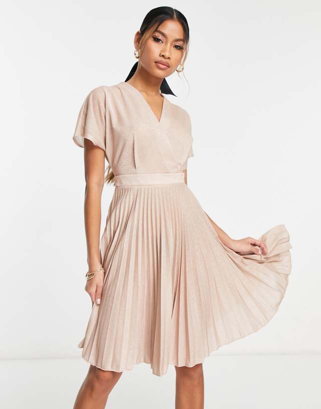 Closet London wrap front pleated mini dress in metallic rose gold