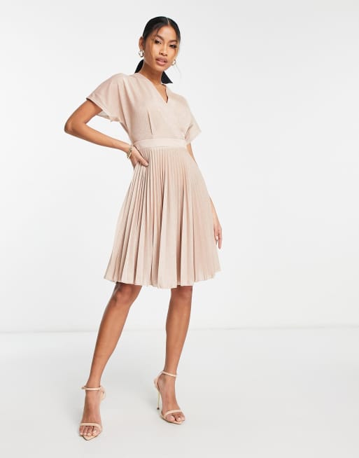 Closet London wrap front pleated mini dress in metallic rose gold