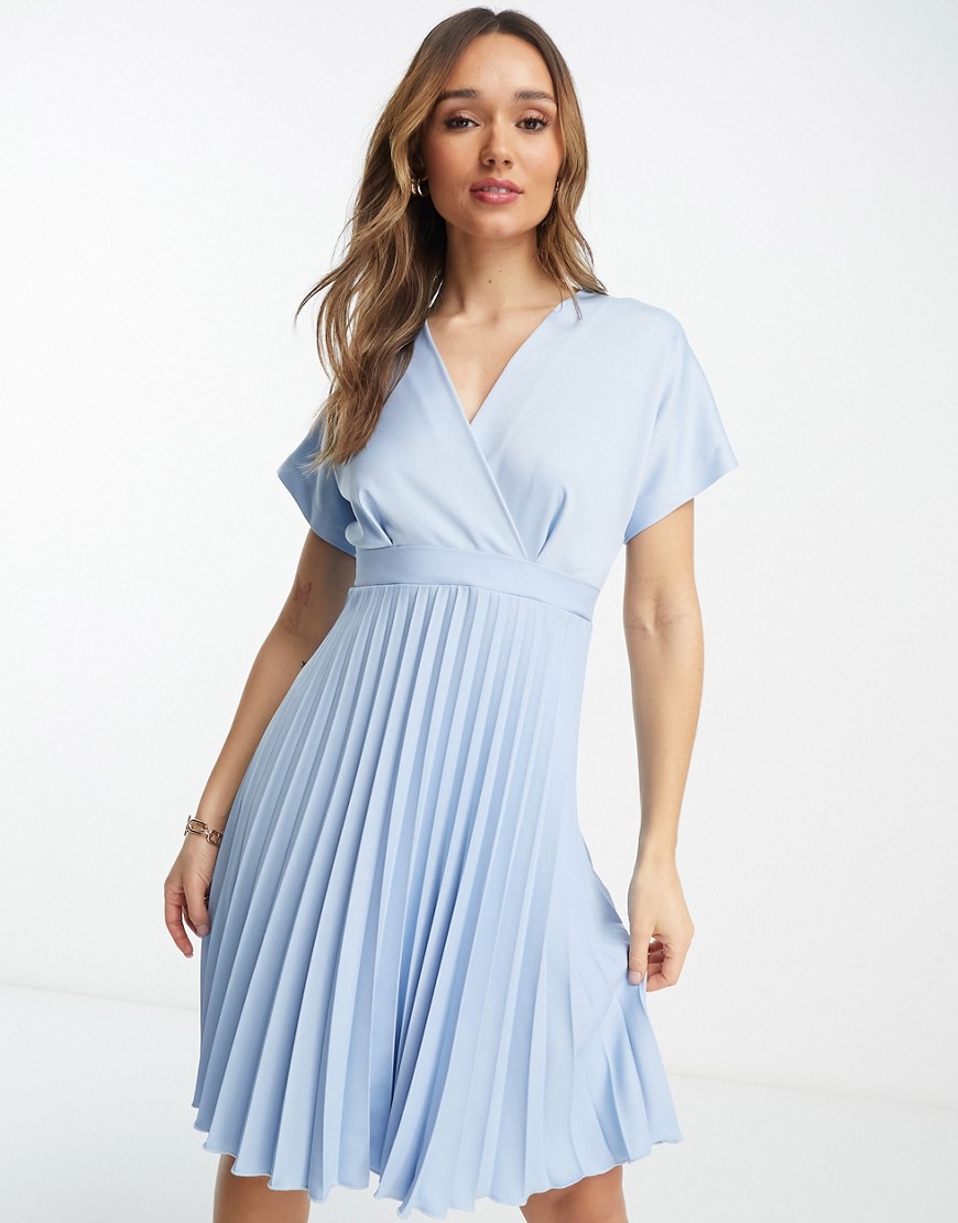 Closet London Wrap Front Pleated Mini Dress In Powder Blue