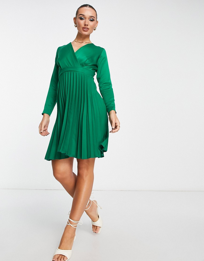 Closet London wrap front pleated mini skater dress in emerald-Green