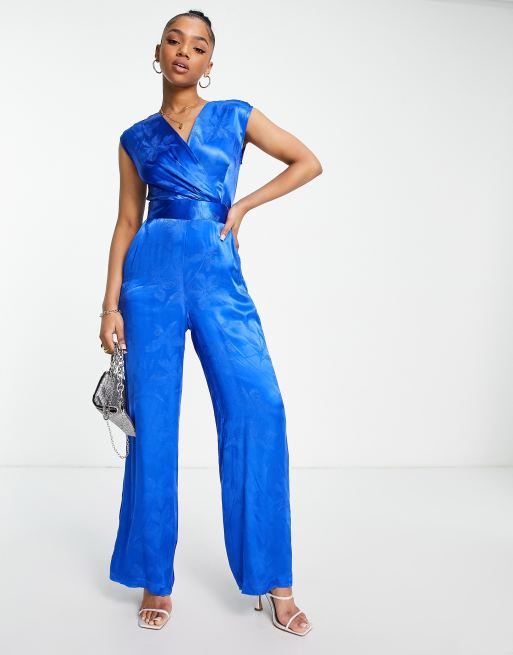 Closet London wrap front satin jacquard jumpsuit in cobalt floral