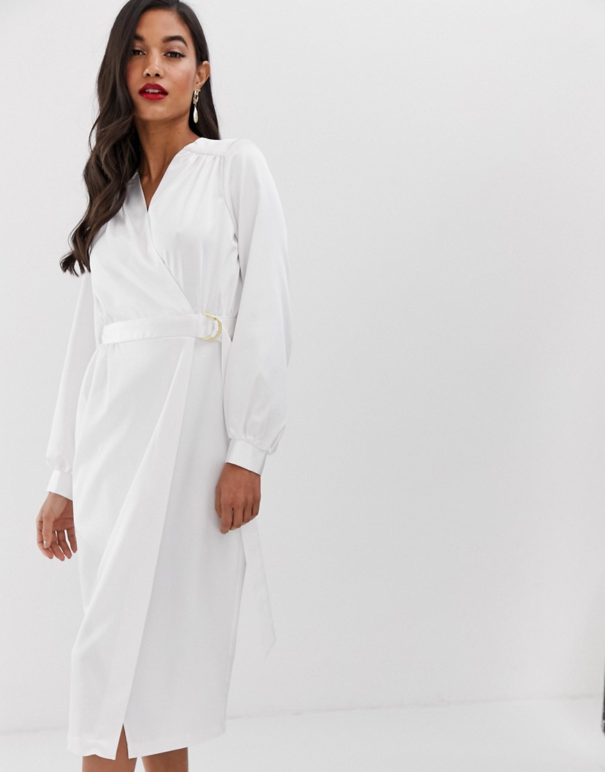 Closet London wrap front satin long sleeve pencil dress with belt detail in white