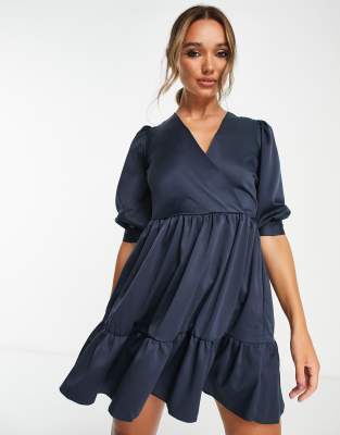 Closet London Wrap Gathered Shirt Dress in navy | ASOS