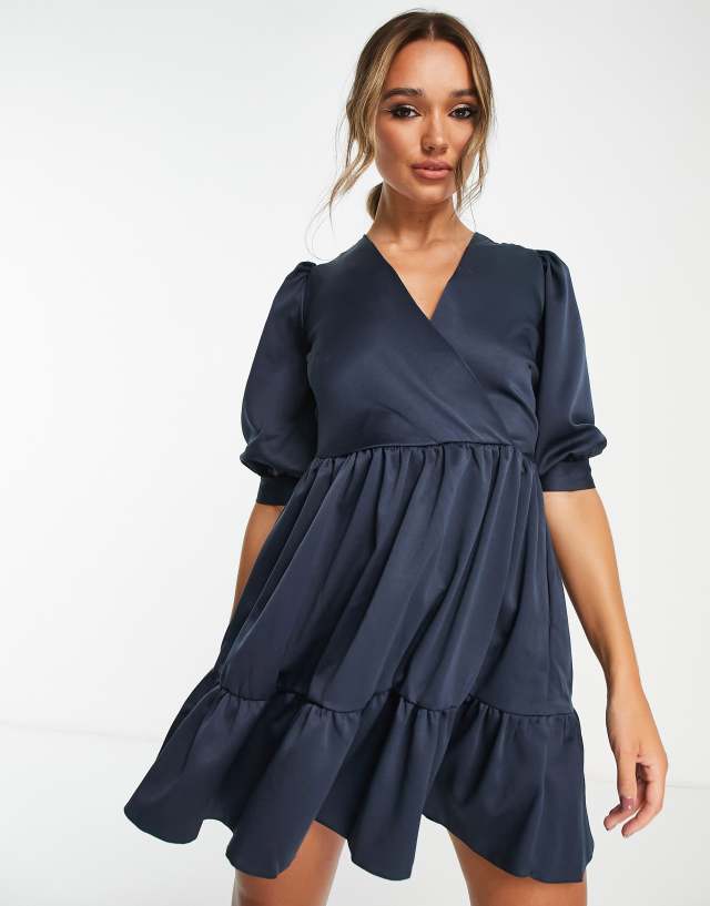 Closet London Wrap Gathered Shirt Dress in navy