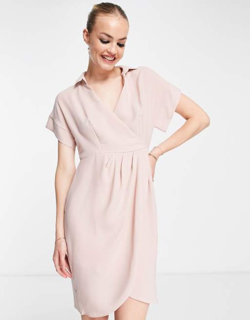 Closet London wrap mini shirt dress in blush | ASOS