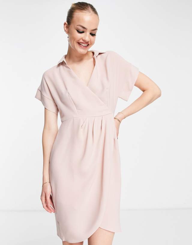 Closet London wrap mini shirt dress in blush