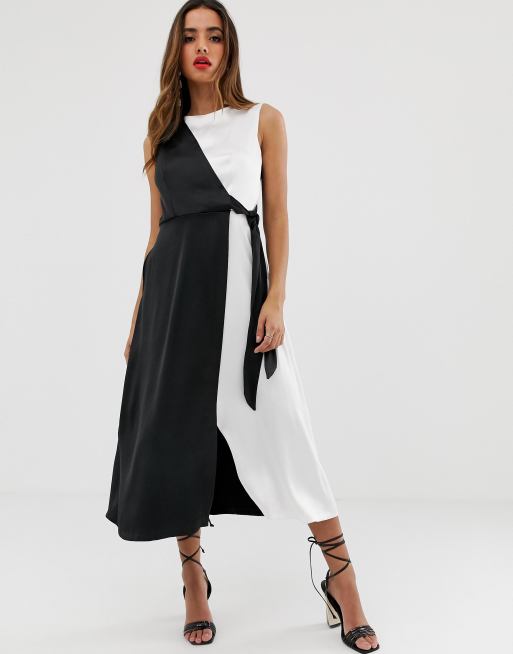 Closet London wrap over tie side pencil dress in contrast mono | ASOS